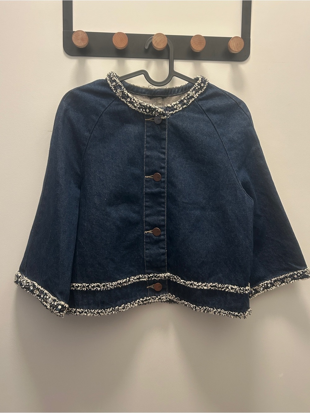 MISS SIXTY Vintage Denim Cropped Jacket with Embellished Tweed Trim